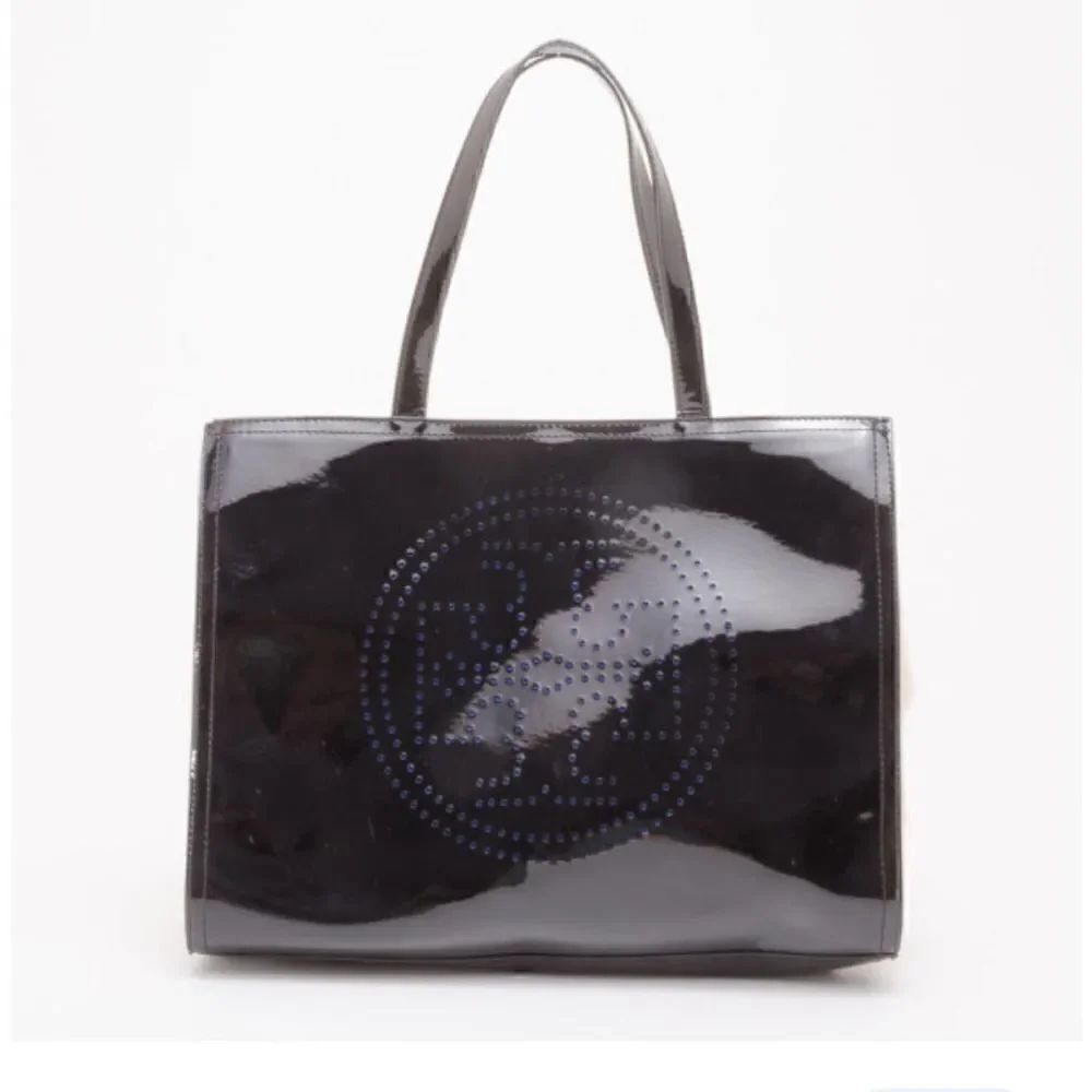 Tory burch patent leather black perforated logo tote bag/purse/pocketbook